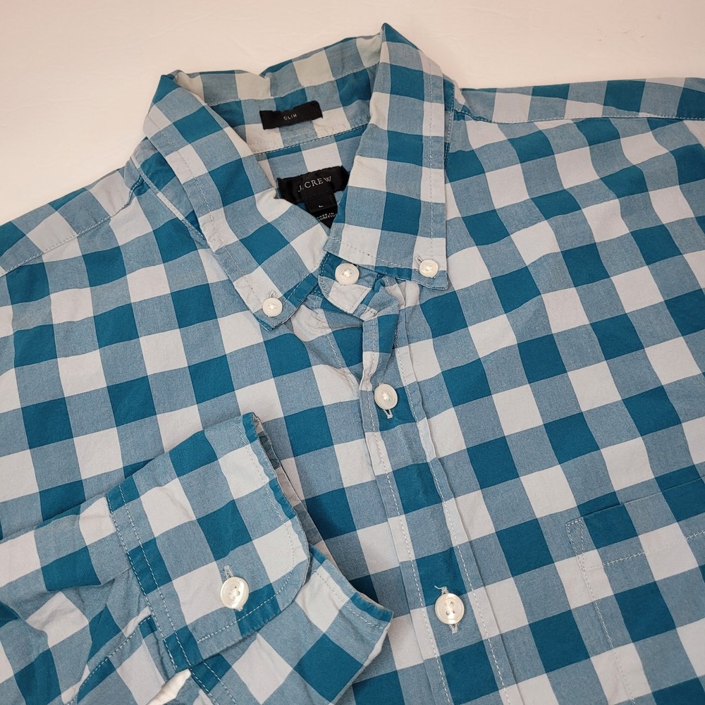 J Crew Buffalo Plaid Teal Long Sleeve Button Down Slim Fit Shirt‎ Size Large